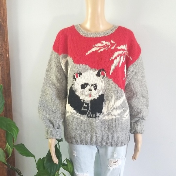 Vintage Woolrich knit pullover sweater Panda Bear bamboo detail 100% pure wool - Picture 2 of 10